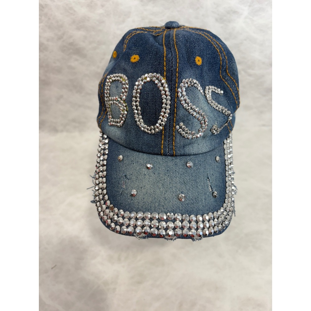 BOSS Rhinestone Distressed Denim Baseball Cap‎ Blue Studded Y2K Hat Adjustable